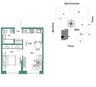 Планировка 2-комн. квартира, 36.98 м² ЖК «Европейский берег 2.0»