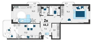 Планировка 2-комн. квартира, 62.9 м² ЖК «Монако»