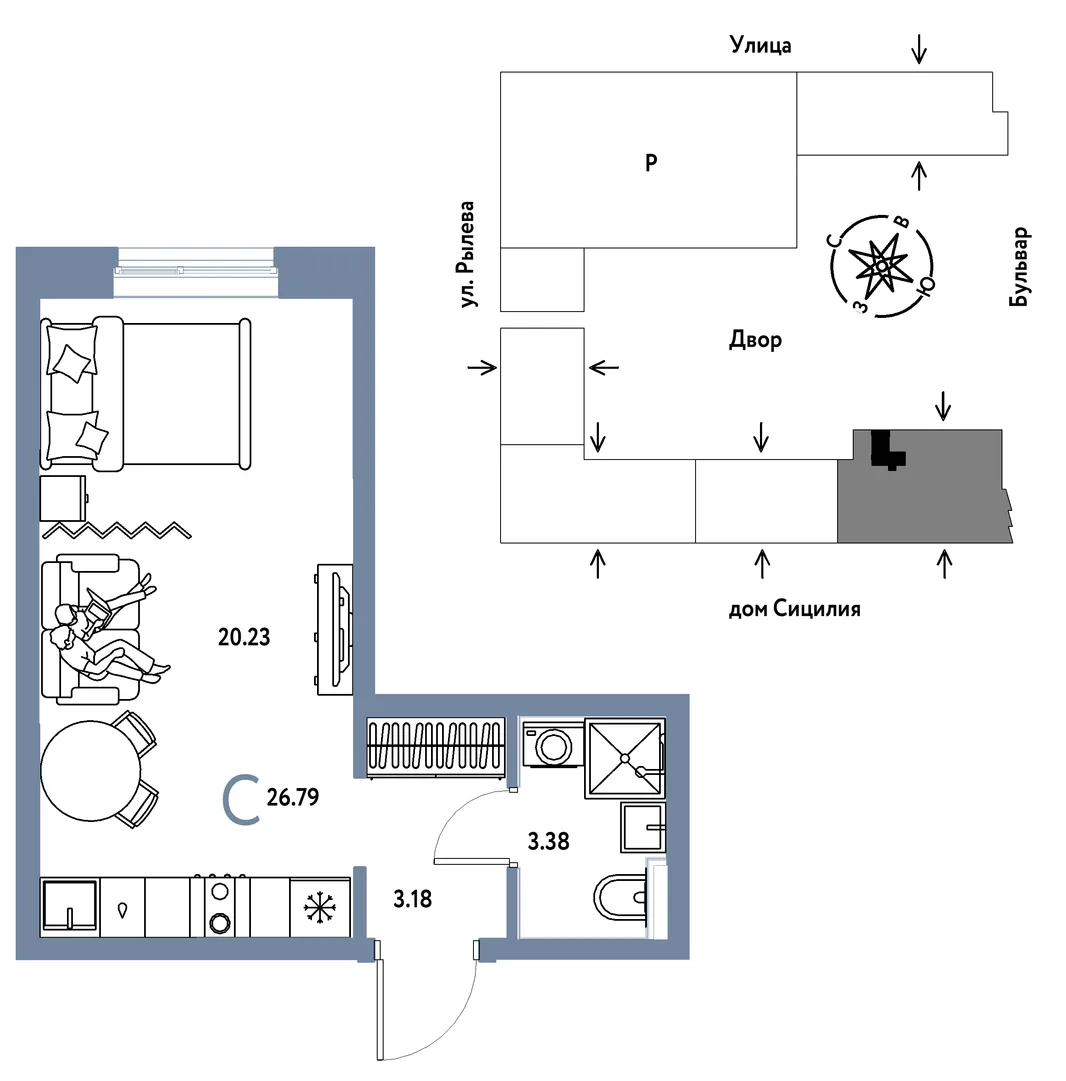 Планировка Студия, 26.79 м² ЖК «Остров-сад»