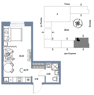 Планировка Студия, 26.79 м² ЖК «Остров-сад»