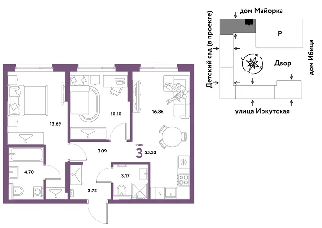Планировка 3-комн. квартира, 55.33 м² ЖК «Остров-сад» Планировка 3-комн. квартира, 55.33 м² ЖК «Остров-сад»