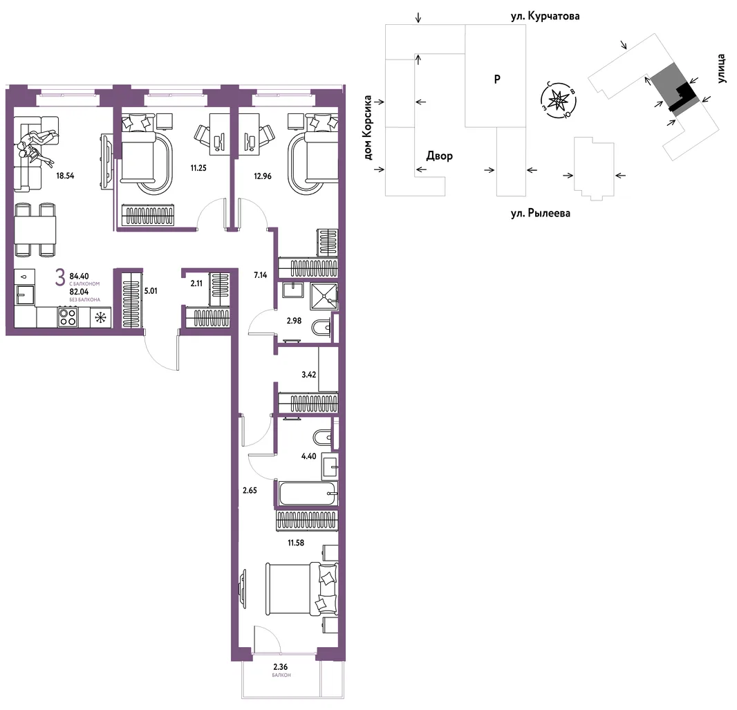 Планировка 3-комн. квартира, 84.84 м² ЖК «Остров-сад»