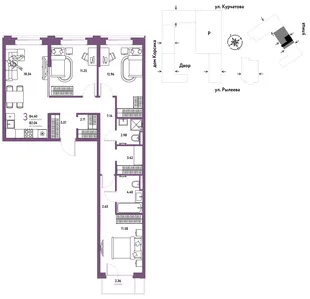 Планировка 3-комн. квартира, 84.84 м² ЖК «Остров-сад»