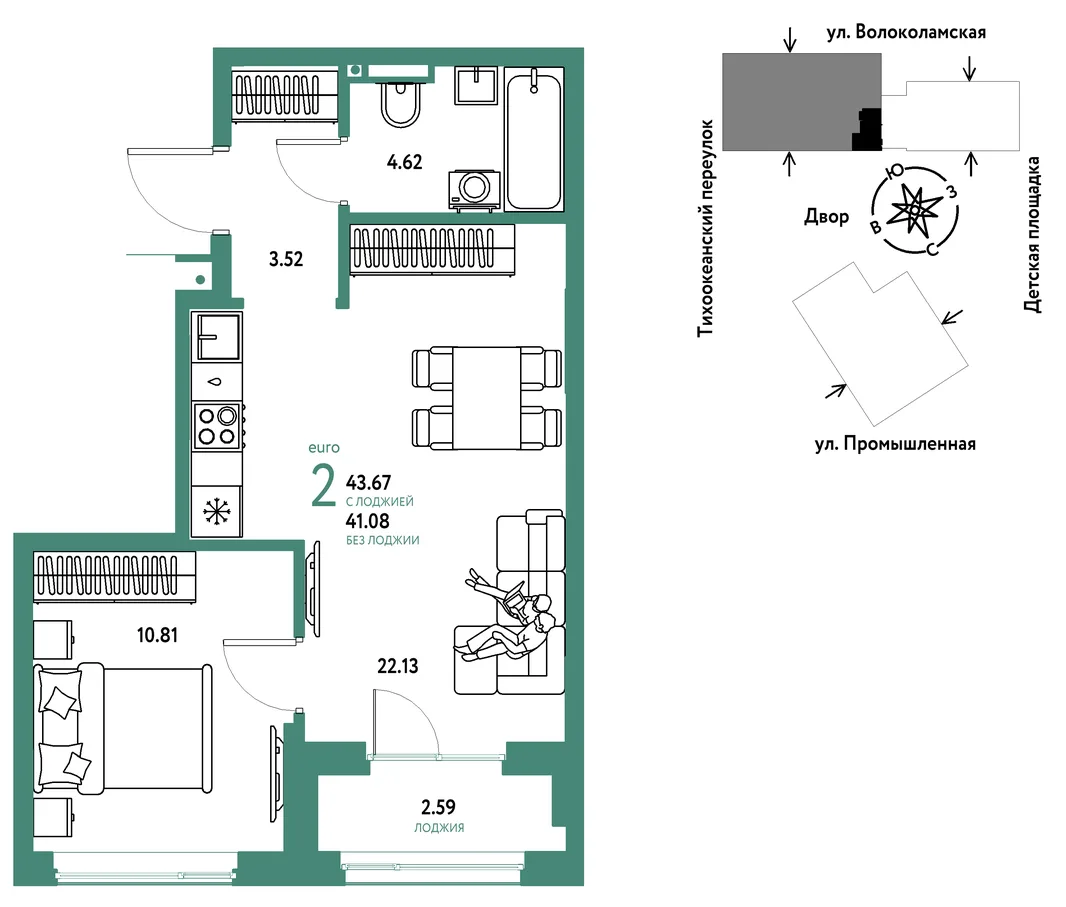 Планировка 2-комн. квартира, 43.67 м² ЖК «Страна Прибрежная»