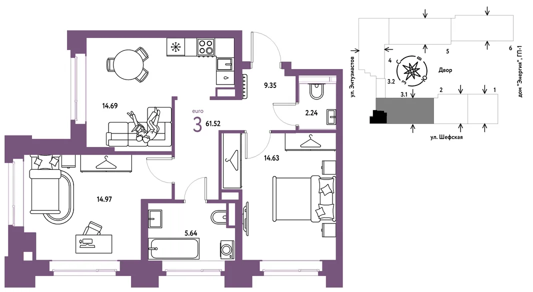Планировка 3-комн. квартира, 61.52 м² ЖК «Страна.Энтузиастов»