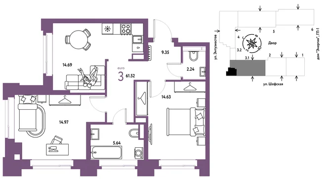 Планировка 3-комн. квартира, 61.52 м² ЖК «Страна.Энтузиастов» Планировка 3-комн. квартира, 61.52 м² ЖК «Страна.Энтузиастов»