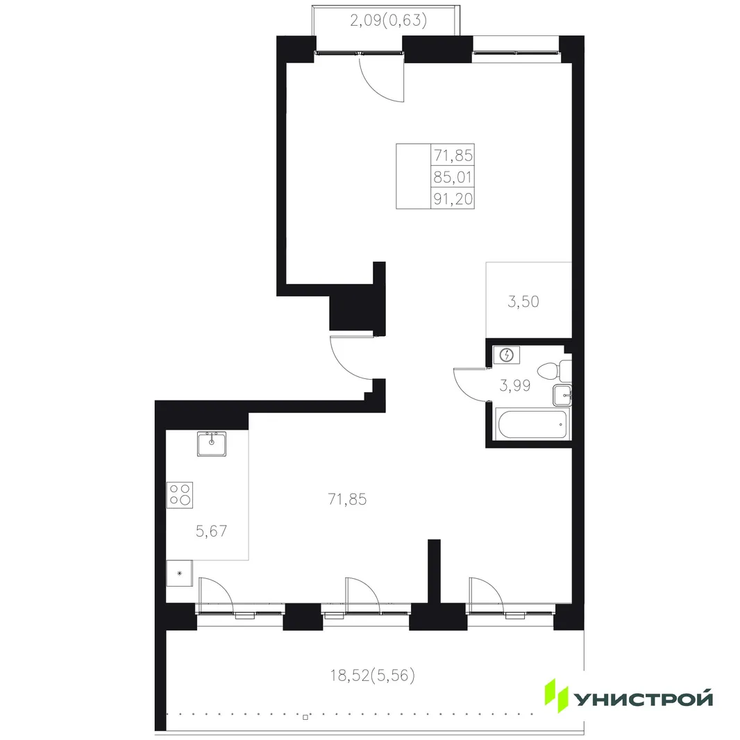 Планировка 1-комн. квартира, 91.2 м² ЖК «Statum»