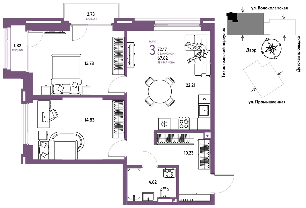 Планировка 3-комн. квартира, 72.17 м² ЖК «Страна Прибрежная»