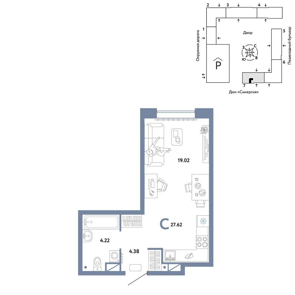 Планировка Студия, 27.62 м² ЖК «Юнион»