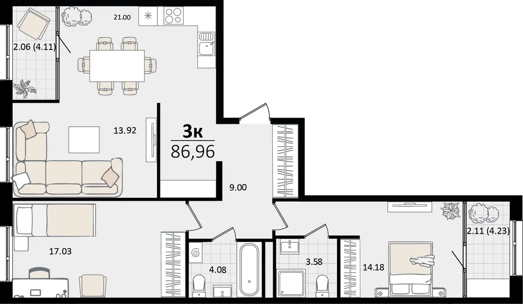 Планировка 3-комн. квартира, 86.96 м² ЖК «Патрики»