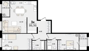 Планировка 3-комн. квартира, 86.96 м² ЖК «Патрики»