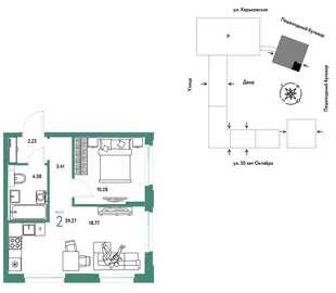Планировка 2-комн. квартира, 39.27 м² ЖК «Сердце Сибири»
