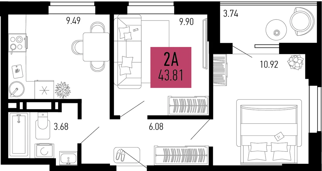 Планировка 2-комн. квартира, 43.81 м² ЖК «Столицыно»