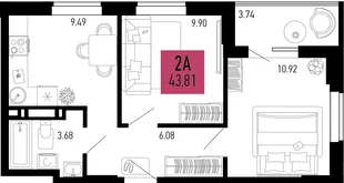 Планировка 2-комн. квартира, 43.81 м² ЖК «Столицыно»
