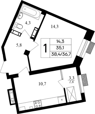 Планировка 1-комн. квартира, 38.4 м² ЖК «Маячная»
