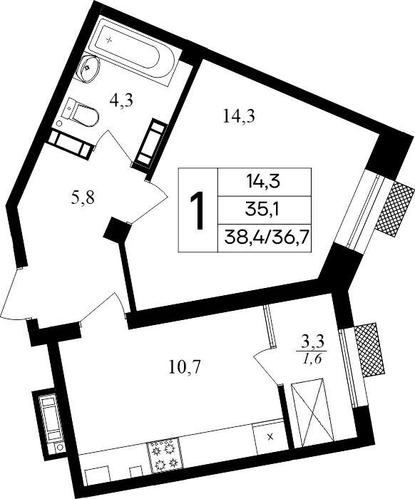 Планировка 1-комн. квартира, 38.4 м² ЖК «Маячная» Планировка 1-комн. квартира, 38.4 м² ЖК «Маячная»