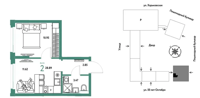 Планировка 2-комн. квартира, 28.89 м² ЖК «Сердце Сибири» Планировка 2-комн. квартира, 28.89 м² ЖК «Сердце Сибири»