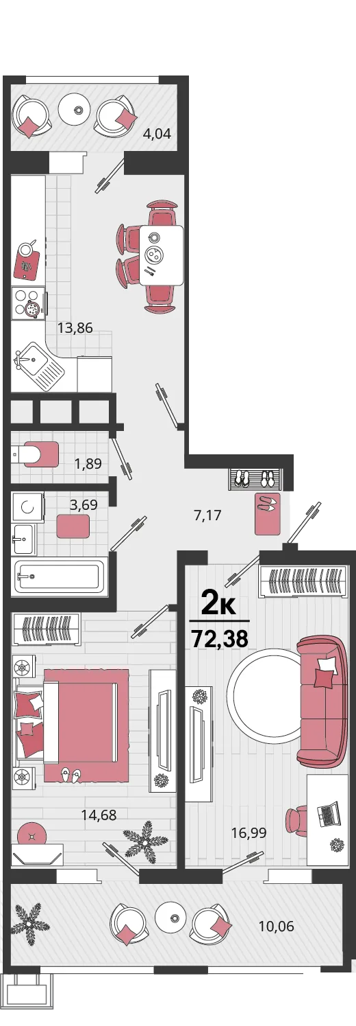 Планировка 2-комн. квартира, 72.38 м² ЖК «Родные просторы»