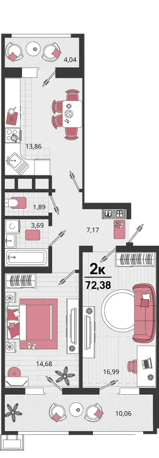 Планировка 2-комн. квартира, 72.38 м² ЖК «Родные просторы»
