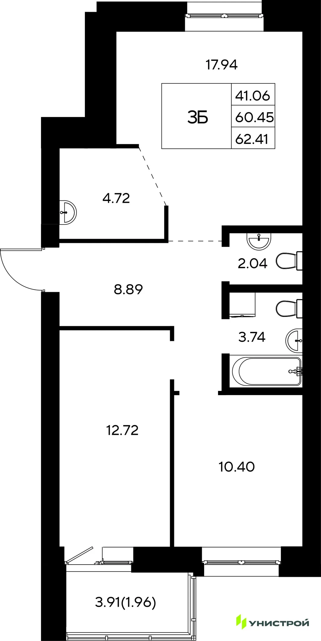 Планировка 3-комн. квартира, 62.41 м² ЖК «Царёво City»