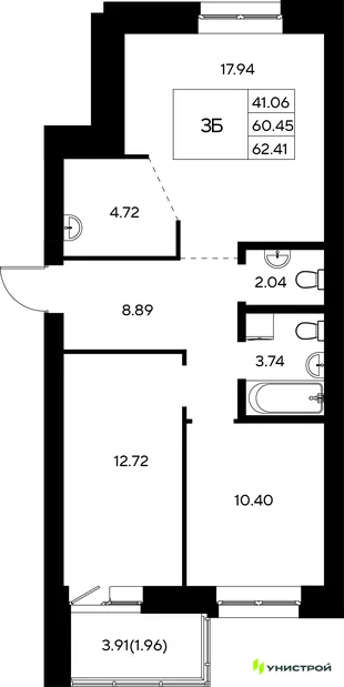 Планировка 3-комн. квартира, 62.41 м² ЖК «Царёво City»
