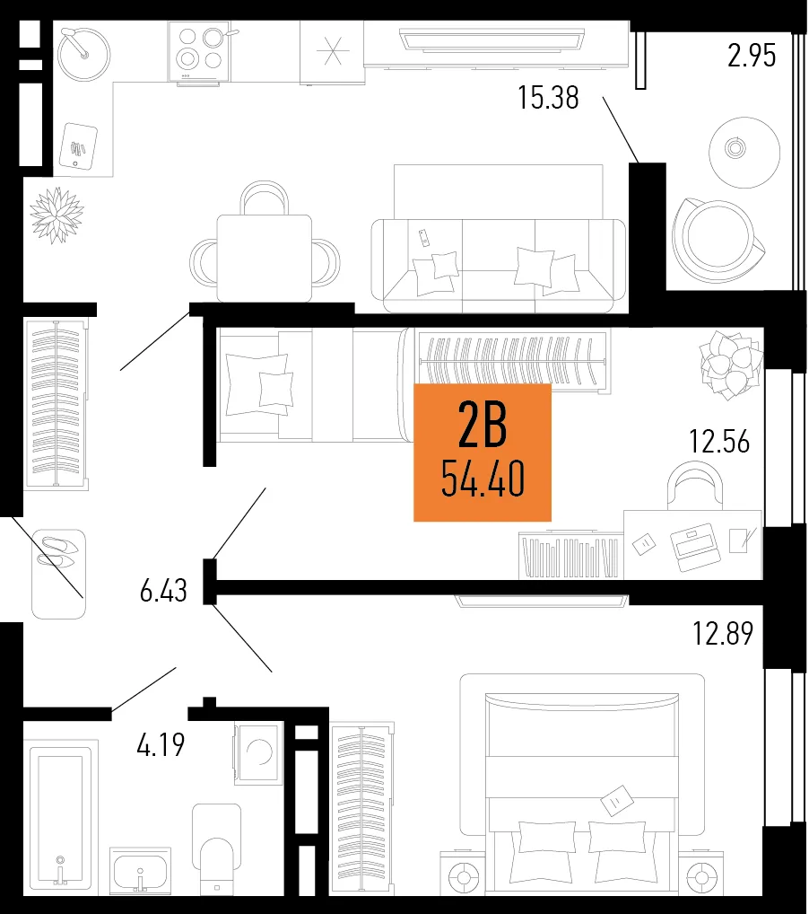 Планировка 2-комн. квартира, 54.4 м² ЖК «Столицыно»