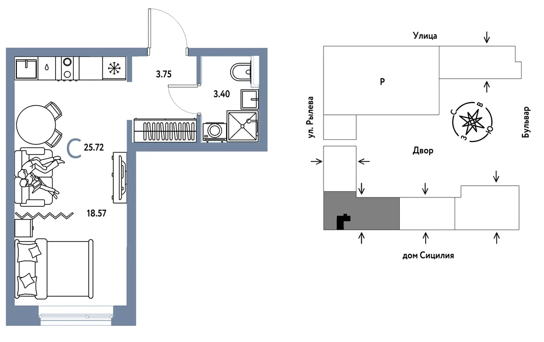 Планировка Студия, 25.72 м² ЖК «Остров-сад»