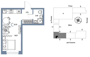 Планировка Студия, 25.72 м² ЖК «Остров-сад»
