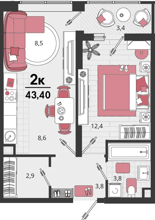 Планировка 2-комн. квартира, 43.4 м² ЖК «Родные просторы»