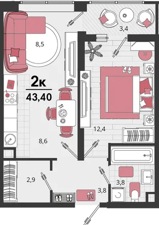 Планировка 2-комн. квартира, 43.4 м² ЖК «Родные просторы»