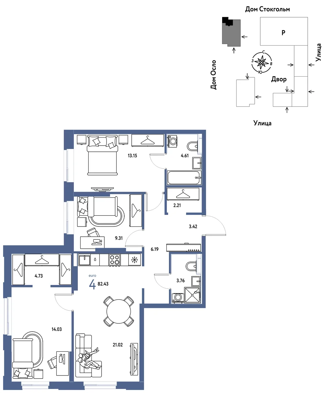 Планировка 4-комн. квартира, 82.43 м² ЖК «Европейский берег 2.0»