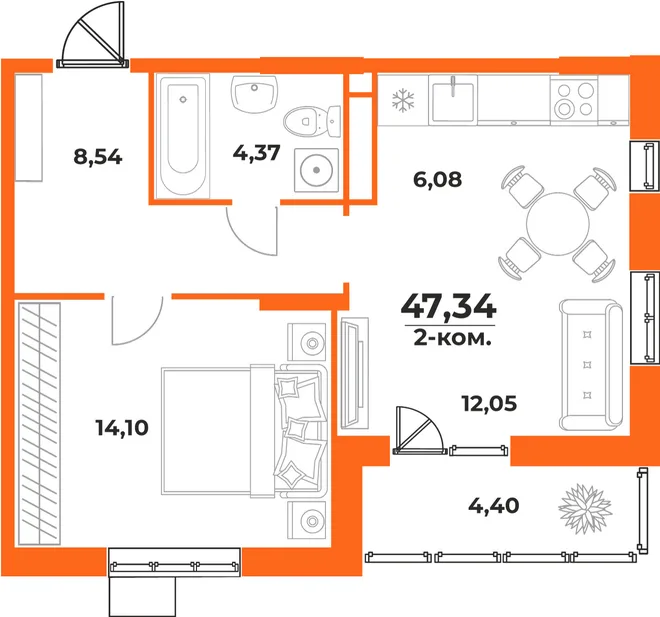 Планировка 2-комн. квартира, 47.34 м² ЖК «Живописный сад» Планировка 2-комн. квартира, 47.34 м² ЖК «Живописный сад»