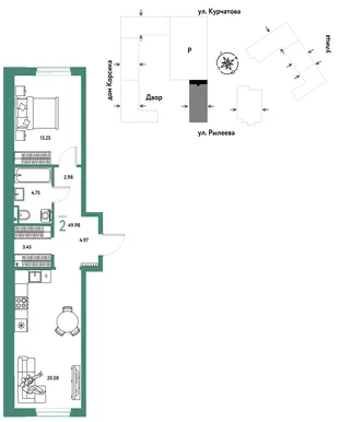 Планировка 2-комн. квартира, 49.96 м² ЖК «Остров-сад»
