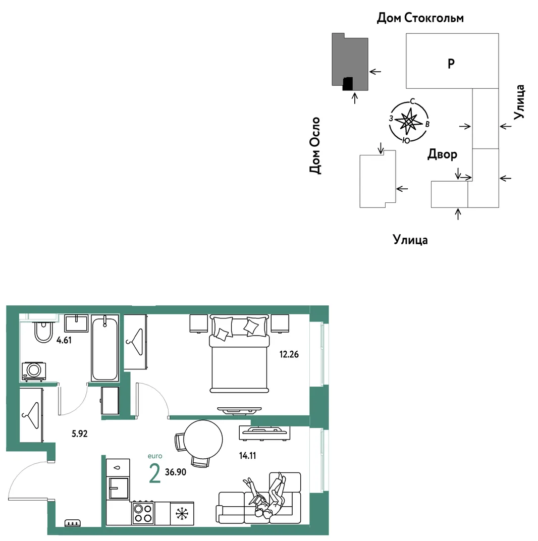 Планировка 2-комн. квартира, 36.9 м² ЖК «Европейский берег 2.0»