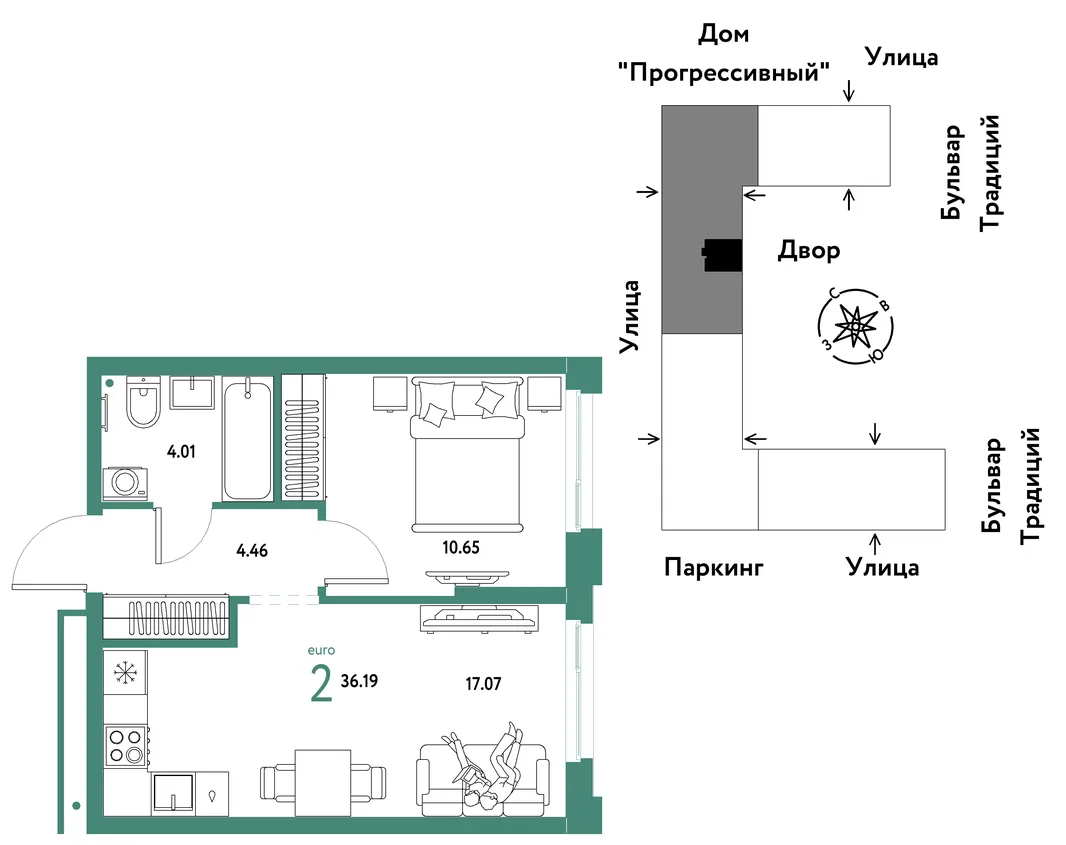 Планировка 2-комн. квартира, 36.19 м² ЖК «Микрорайон Домашний»