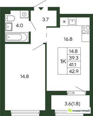 Планировка 1-комн. квартира, 41.1 м² ЖК «Парковый квартал 2.0»