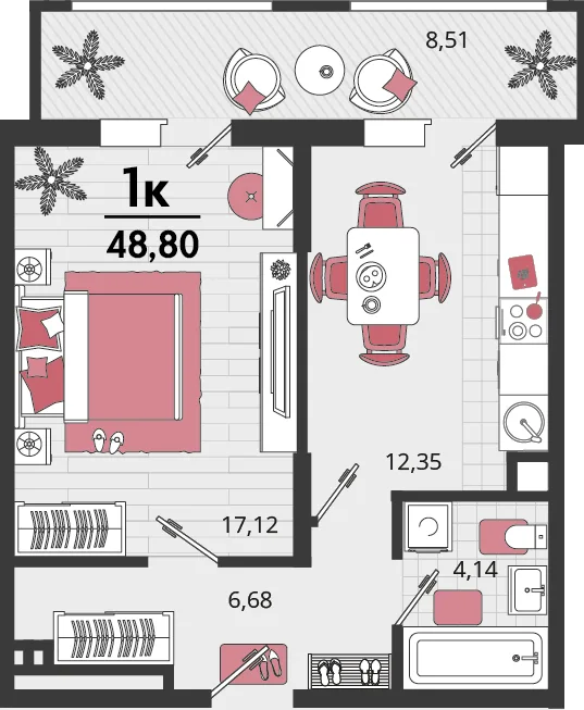 Планировка 1-комн. квартира, 48.8 м² ЖК «Родные просторы»