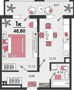 Планировка 1-комн. квартира, 48.8 м² ЖК «Родные просторы»