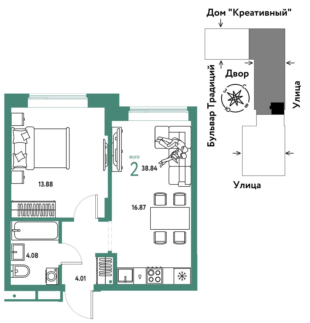 Планировка 2-комн. квартира, 38.84 м² ЖК «Микрорайон Домашний»