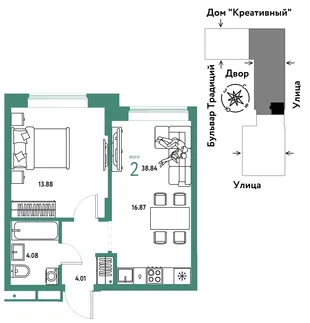 Планировка 2-комн. квартира, 38.84 м² ЖК «Микрорайон Домашний»