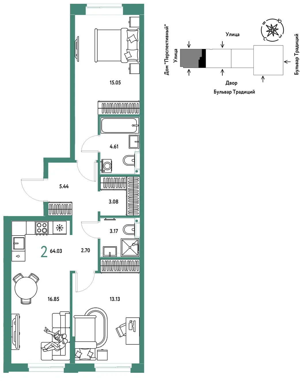 Планировка 2-комн. квартира, 64.03 м² ЖК «Микрорайон Домашний»