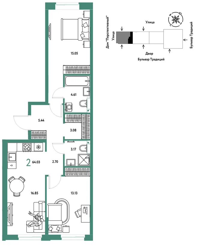 Планировка 2-комн. квартира, 64.03 м² ЖК «Микрорайон Домашний» Планировка 2-комн. квартира, 64.03 м² ЖК «Микрорайон Домашний»