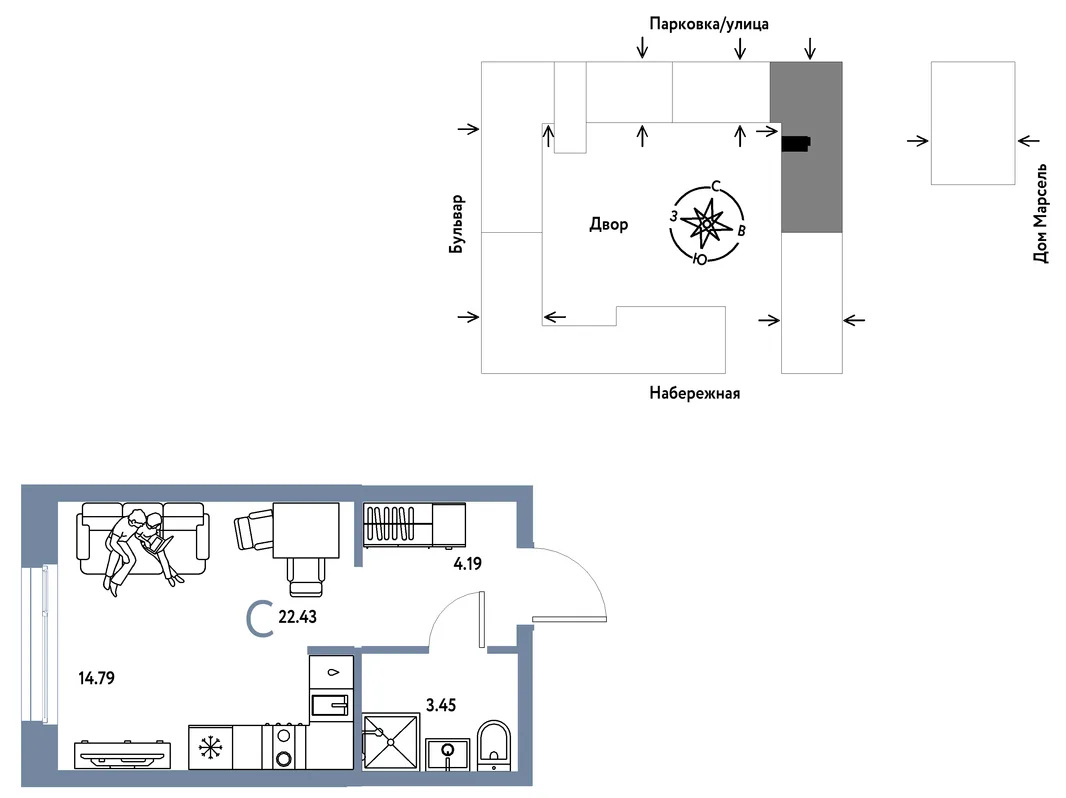 Планировка Студия, 22.43 м² ЖК «Европейский берег 2.0»