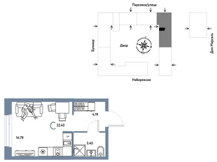 Планировка Студия, 22.43 м² ЖК «Европейский берег 2.0»