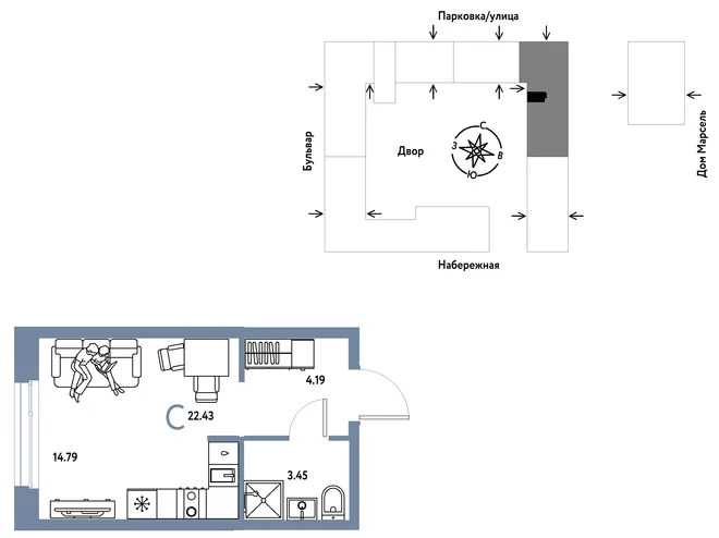 Планировка Студия, 22.43 м² ЖК «Европейский берег 2.0» Планировка Студия, 22.43 м² ЖК «Европейский берег 2.0»
