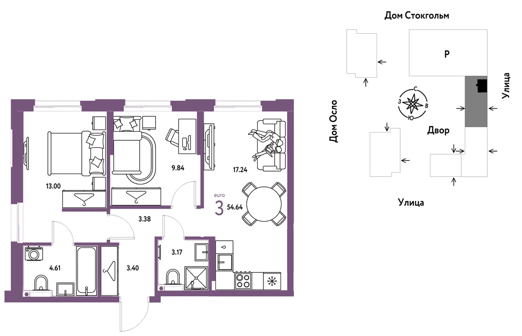 Планировка 3-комн. квартира, 54.64 м² ЖК «Европейский берег 2.0»