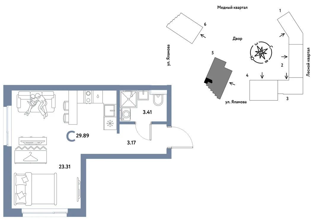 Планировка Студия, 29.89 м² ЖК «Сибирский сад»