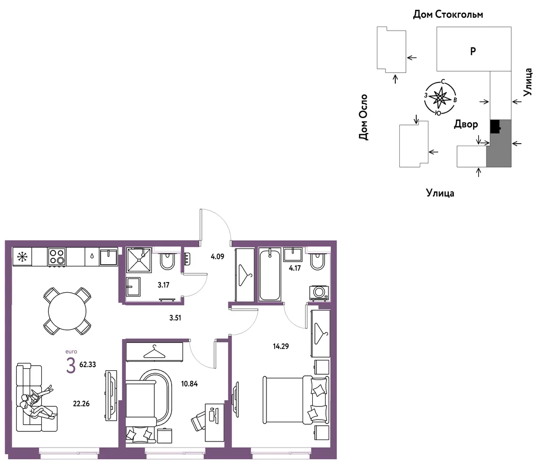 Планировка 3-комн. квартира, 62.33 м² ЖК «Европейский берег 2.0»