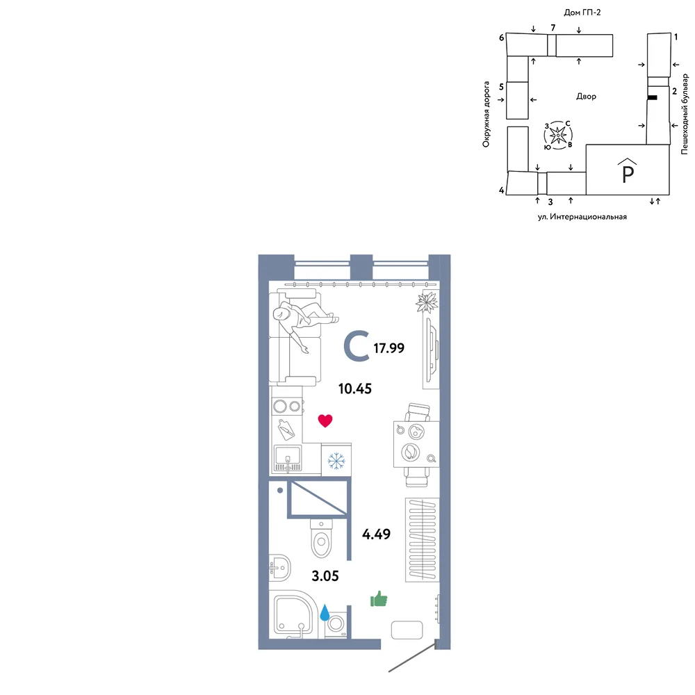 Планировка Студия, 17.99 м² ЖК «Юнион»