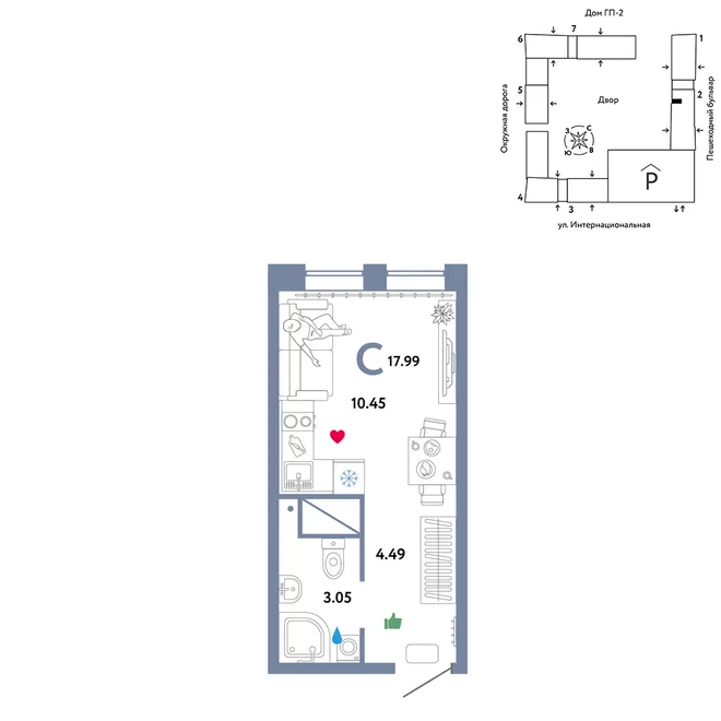 Планировка Студия, 17.99 м² ЖК «Юнион»